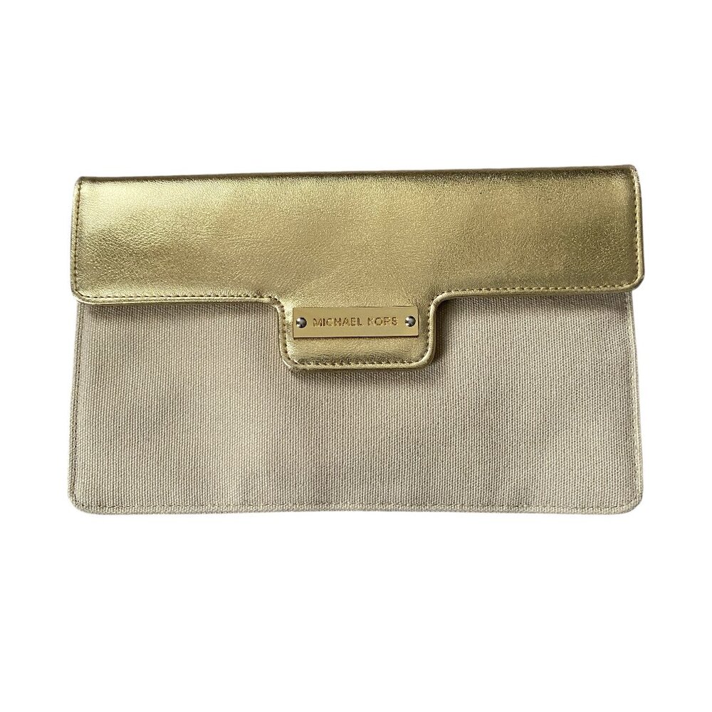 Michael Kors women's beige and shiny gold snap front closure clutch bag